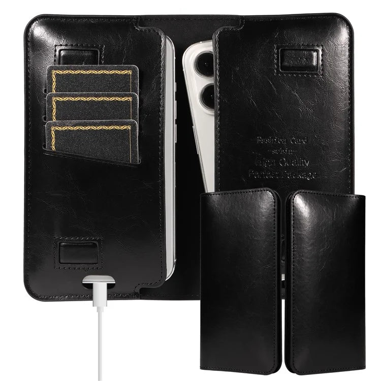 19x11cm Universal PU Leather Dual Phone Pouch with Magnetic Closure,  3 Card Slots, Charging Port Access