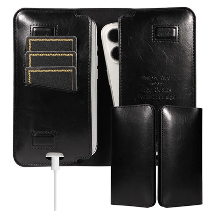 19x11cm Universal PU Leather Dual Phone Pouch with Magnetic Closure,  3 Card Slots, Charging Port Access