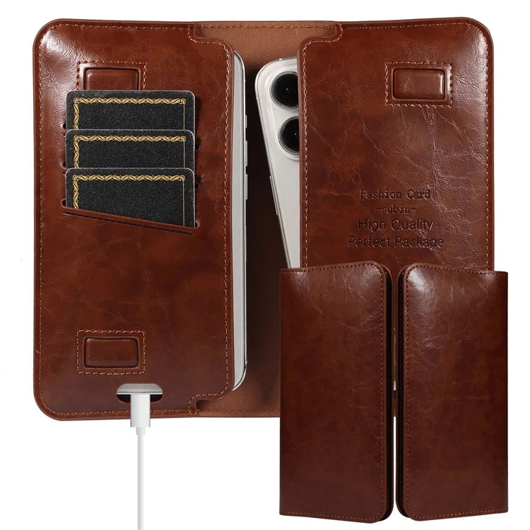 19x11cm Universal PU Leather Dual Phone Pouch with Magnetic Closure,  3 Card Slots, Charging Port Access