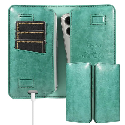 19x11cm Universal PU Leather Dual Phone Pouch with Magnetic Closure,  3 Card Slots, Charging Port Access