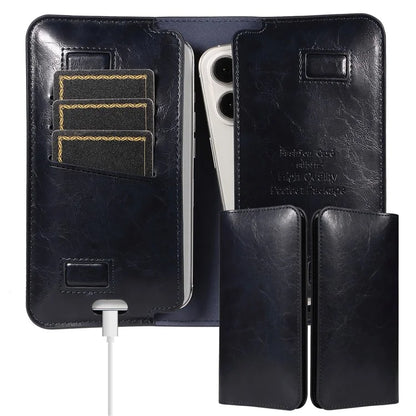 19x11cm Universal PU Leather Dual Phone Pouch with Magnetic Closure,  3 Card Slots, Charging Port Access