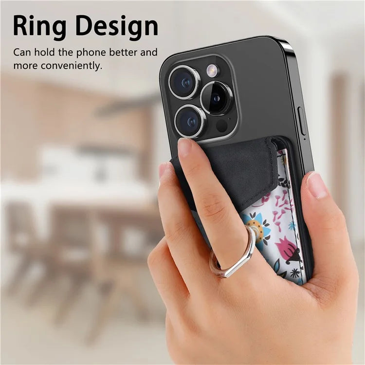 CASENEO MC-W3 Magnetic Card Holder Compatible with MagSafe Pattern Leather Card Pocket Ring Holder