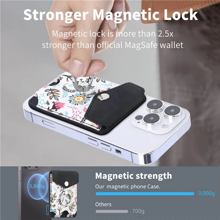 CASENEO MC-W3 Magnetic Card Holder Compatible with MagSafe Pattern Leather Card Pocket Ring Holder