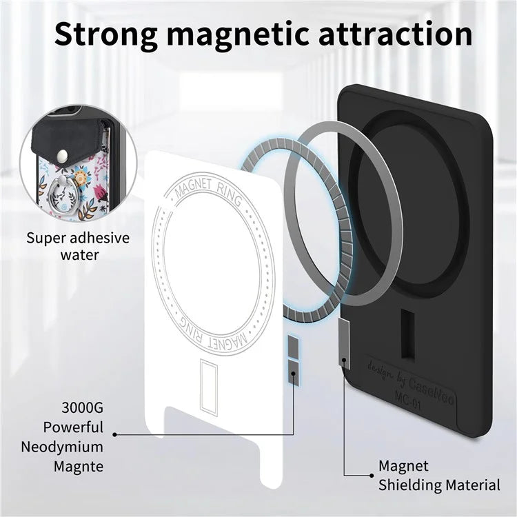 CASENEO MC-W3 Magnetic Card Holder Compatible with MagSafe Pattern Leather Card Pocket Ring Holder