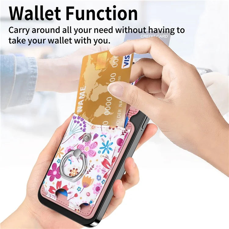 CASENEO MC-W3 Magnetic Card Holder Compatible with MagSafe Pattern Leather Card Pocket Ring Holder