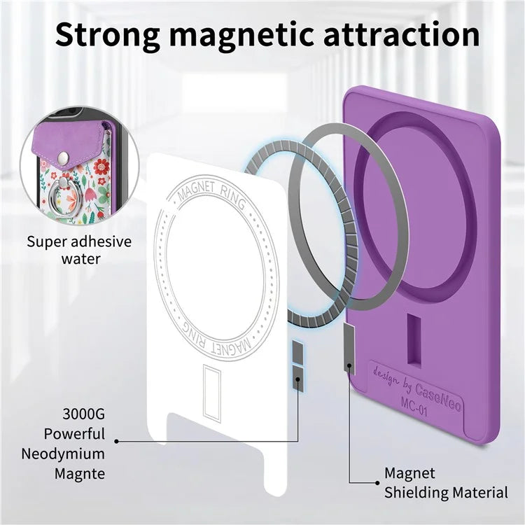 CASENEO MC-W3 Magnetic Card Holder Compatible with MagSafe Pattern Leather Card Pocket Ring Holder