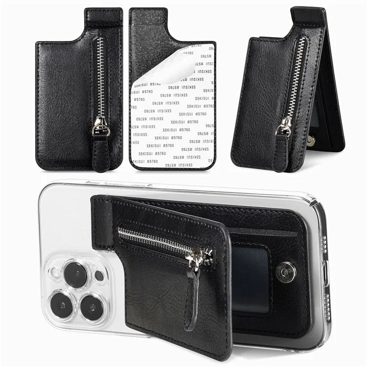 KB-29 Retro Card Holder Leather Multifunctional Adhesive Phone Wallet Sleeve Kickstand with Zipper