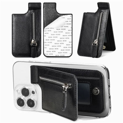 KB-29 Retro Card Holder Leather Multifunctional Adhesive Phone Wallet Sleeve Kickstand with Zipper