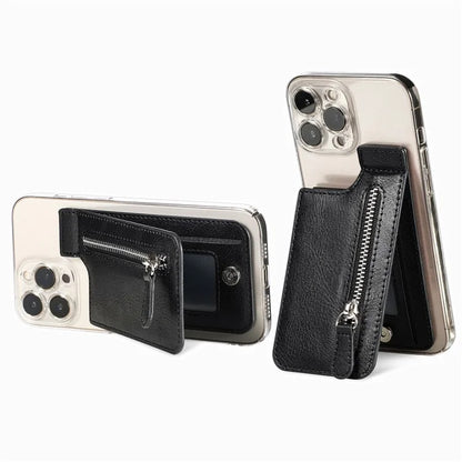 KB-29 Retro Card Holder Leather Multifunctional Adhesive Phone Wallet Sleeve Kickstand with Zipper