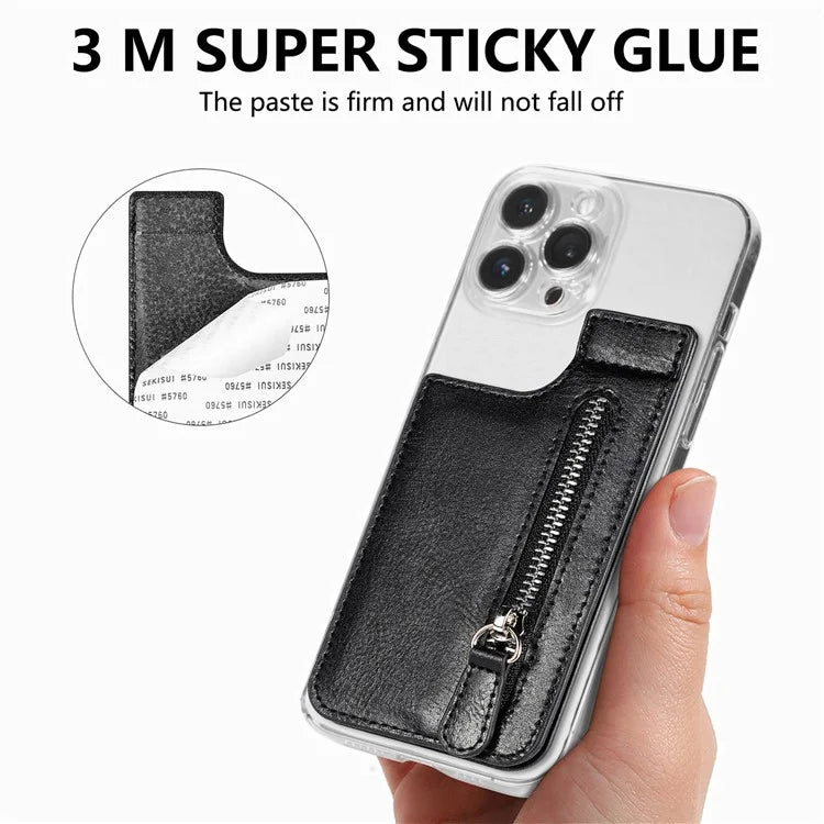 KB-29 Retro Card Holder Leather Multifunctional Adhesive Phone Wallet Sleeve Kickstand with Zipper