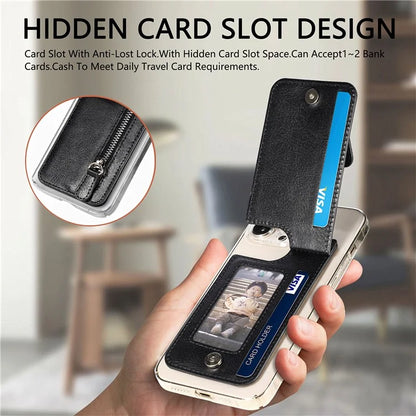 KB-29 Retro Card Holder Leather Multifunctional Adhesive Phone Wallet Sleeve Kickstand with Zipper