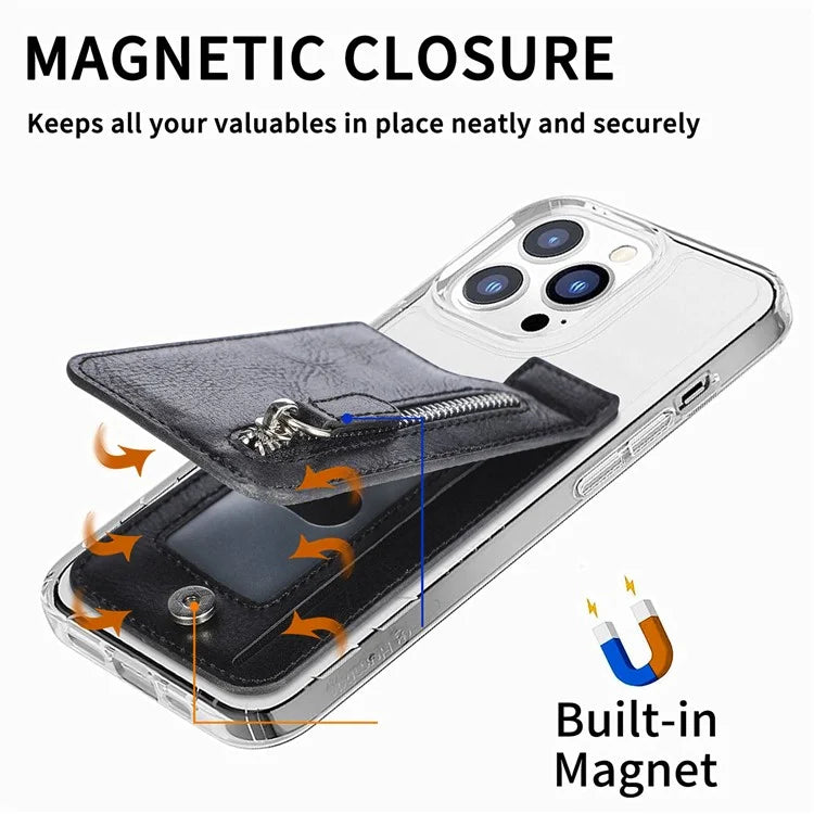 KB-29 Retro Card Holder Leather Multifunctional Adhesive Phone Wallet Sleeve Kickstand with Zipper