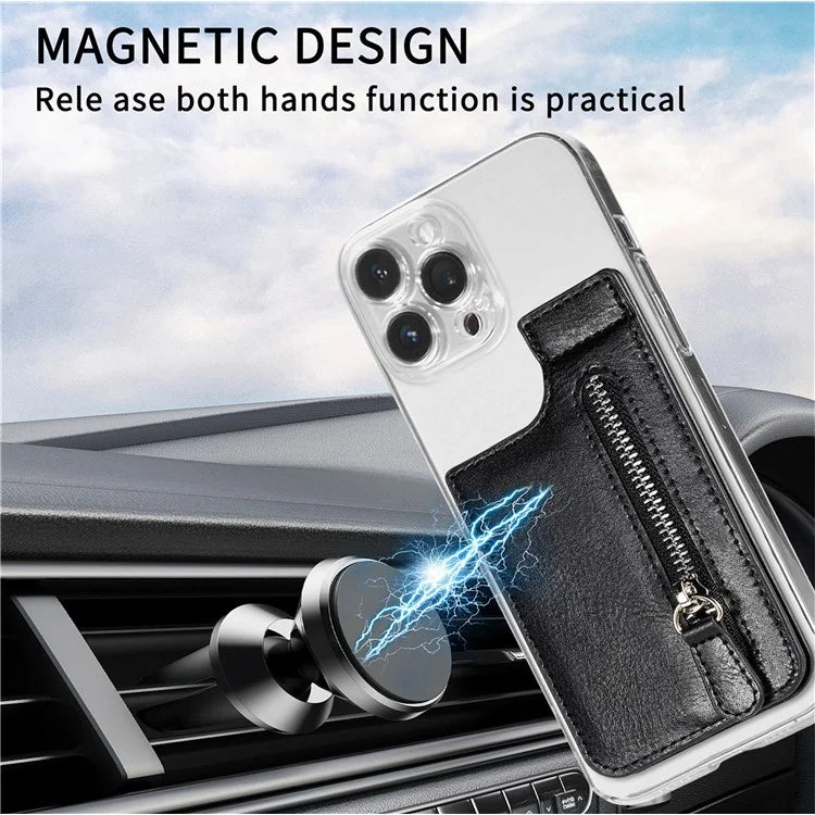 KB-29 Retro Card Holder Leather Multifunctional Adhesive Phone Wallet Sleeve Kickstand with Zipper