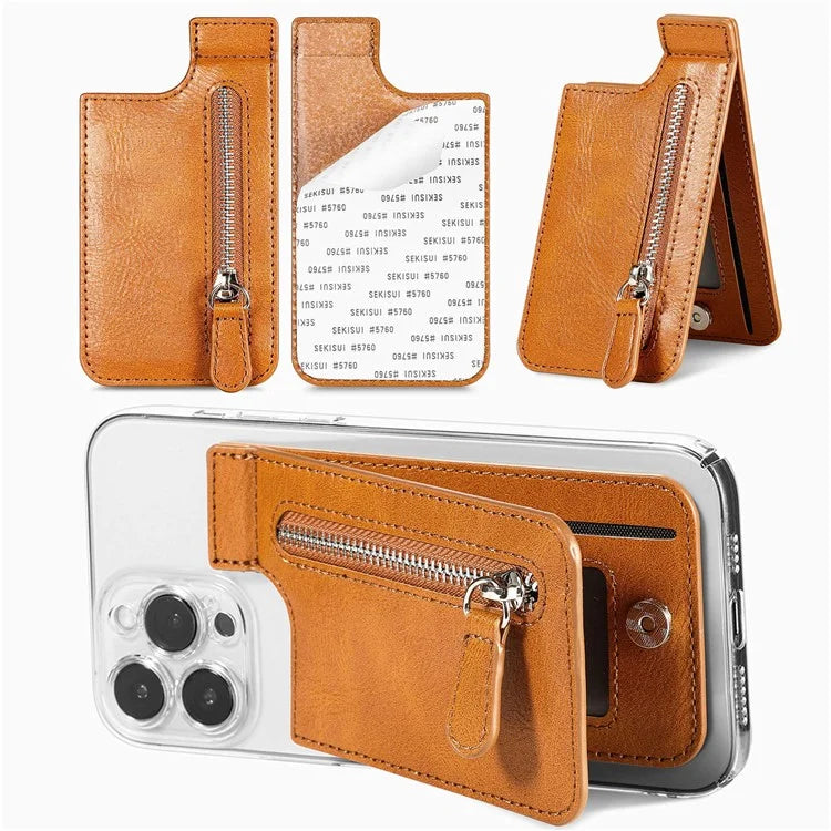 KB-29 Retro Card Holder Leather Multifunctional Adhesive Phone Wallet Sleeve Kickstand with Zipper