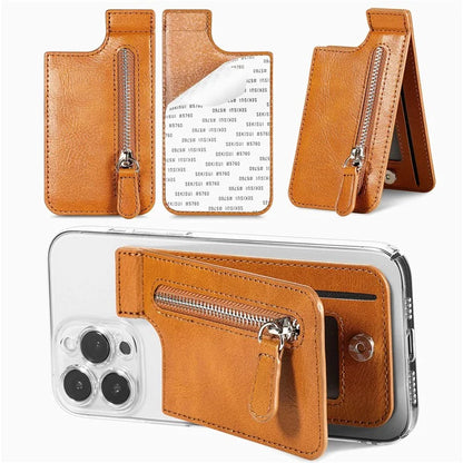 KB-29 Retro Card Holder Leather Multifunctional Adhesive Phone Wallet Sleeve Kickstand with Zipper