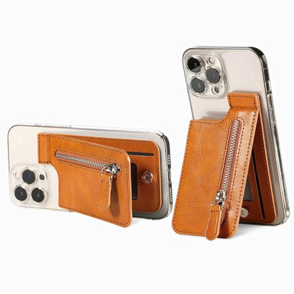 KB-29 Retro Card Holder Leather Multifunctional Adhesive Phone Wallet Sleeve Kickstand with Zipper