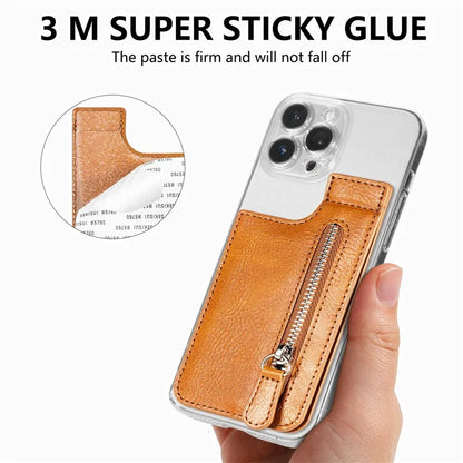 KB-29 Retro Card Holder Leather Multifunctional Adhesive Phone Wallet Sleeve Kickstand with Zipper