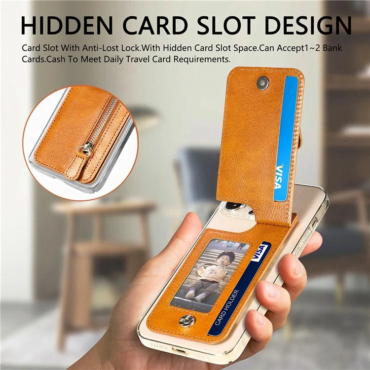 KB-29 Retro Card Holder Leather Multifunctional Adhesive Phone Wallet Sleeve Kickstand with Zipper