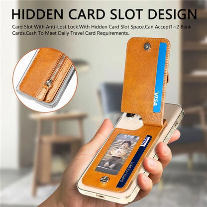 KB-29 Retro Card Holder Leather Multifunctional Adhesive Phone Wallet Sleeve Kickstand with Zipper