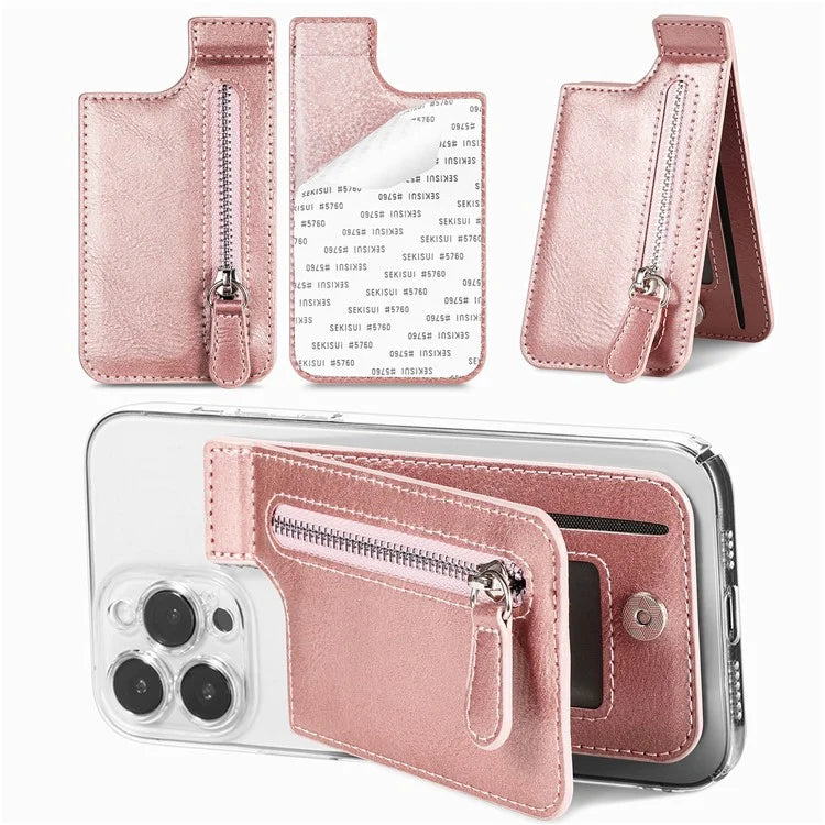 KB-29 Retro Card Holder Leather Multifunctional Adhesive Phone Wallet Sleeve Kickstand with Zipper