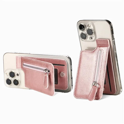 KB-29 Retro Card Holder Leather Multifunctional Adhesive Phone Wallet Sleeve Kickstand with Zipper