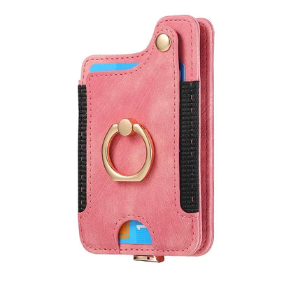 KB-36 Retro Card Holder Adhesive Pouch Kickstand Card Bag with Ring Holder, Strap