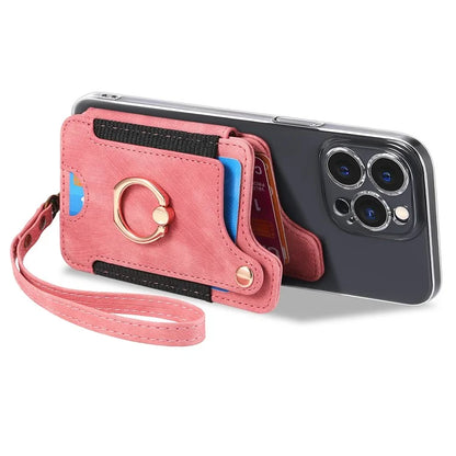 KB-36 Retro Card Holder Adhesive Pouch Kickstand Card Bag with Ring Holder, Strap