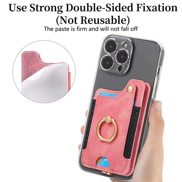 KB-36 Retro Card Holder Adhesive Pouch Kickstand Card Bag with Ring Holder, Strap