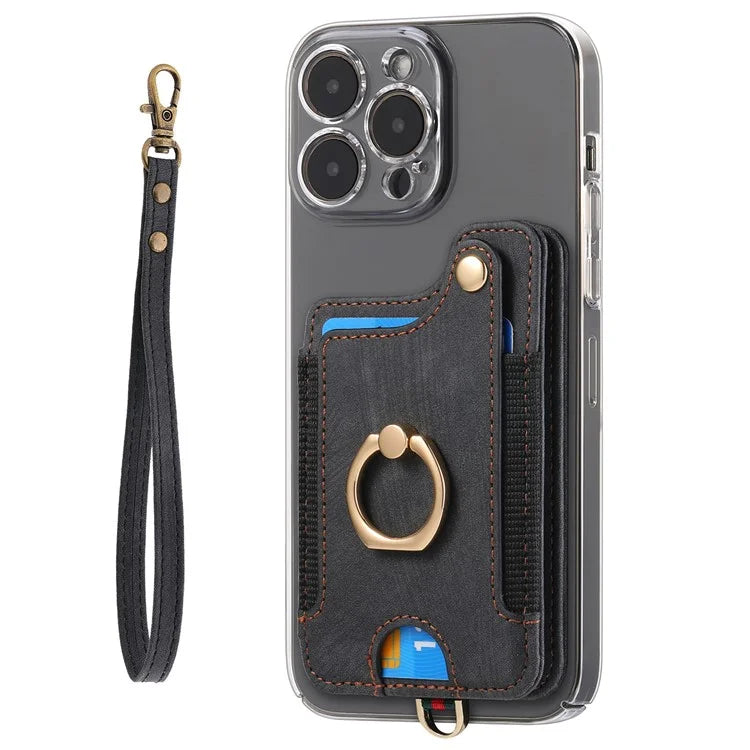 KB-36 Retro Card Holder Adhesive Pouch Kickstand Card Bag with Ring Holder, Strap