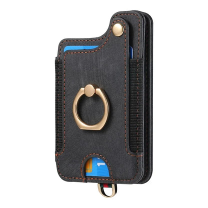 KB-36 Retro Card Holder Adhesive Pouch Kickstand Card Bag with Ring Holder, Strap
