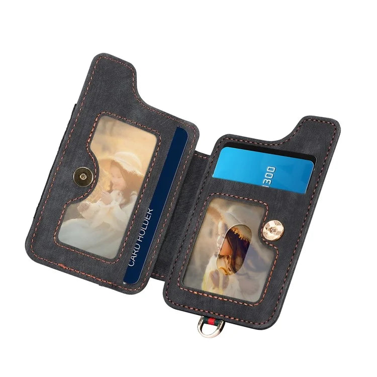 KB-36 Retro Card Holder Adhesive Pouch Kickstand Card Bag with Ring Holder, Strap