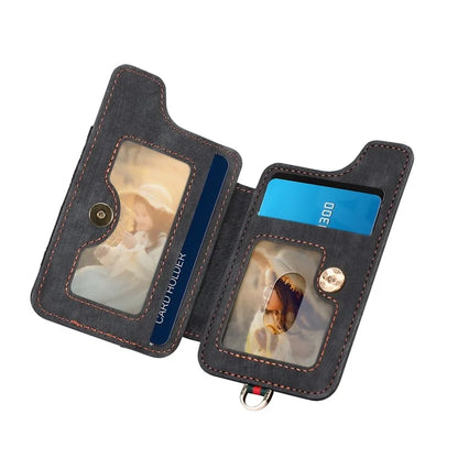 KB-36 Retro Card Holder Adhesive Pouch Kickstand Card Bag with Ring Holder, Strap