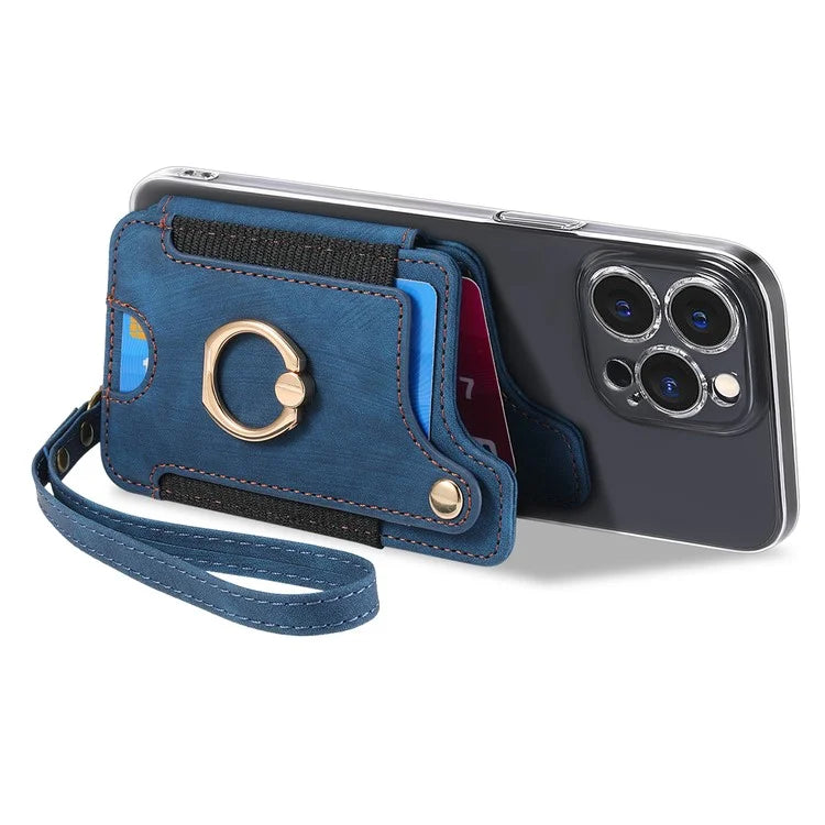 KB-36 Retro Card Holder Adhesive Pouch Kickstand Card Bag with Ring Holder, Strap