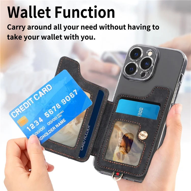 KB-36 Retro Card Holder Adhesive Pouch Kickstand Card Bag with Ring Holder, Strap