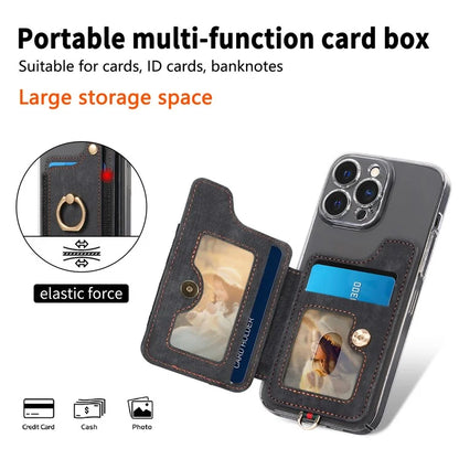 KB-36 Retro Card Holder Adhesive Pouch Kickstand Card Bag with Ring Holder, Strap