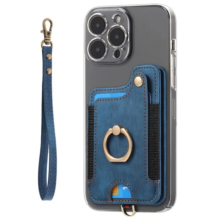 KB-36 Retro Card Holder Adhesive Pouch Kickstand Card Bag with Ring Holder, Strap