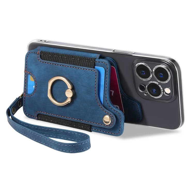 KB-36 Retro Card Holder Adhesive Pouch Kickstand Card Bag with Ring Holder, Strap