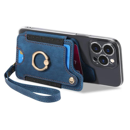 KB-36 Retro Card Holder Adhesive Pouch Kickstand Card Bag with Ring Holder, Strap