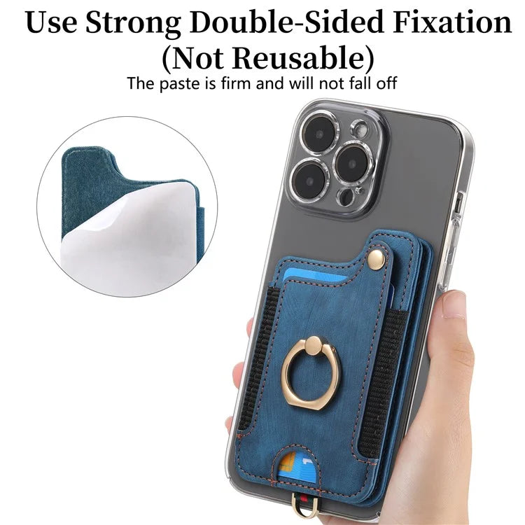 KB-36 Retro Card Holder Adhesive Pouch Kickstand Card Bag with Ring Holder, Strap