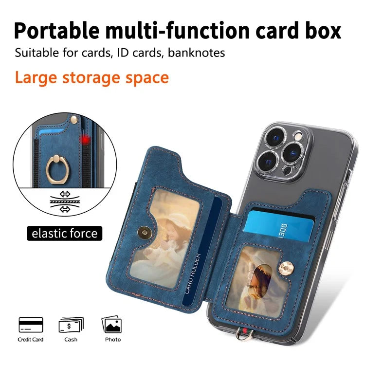 KB-36 Retro Card Holder Adhesive Pouch Kickstand Card Bag with Ring Holder, Strap