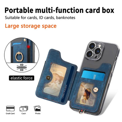 KB-36 Retro Card Holder Adhesive Pouch Kickstand Card Bag with Ring Holder, Strap