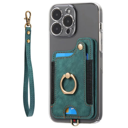 KB-36 Retro Card Holder Adhesive Pouch Kickstand Card Bag with Ring Holder, Strap