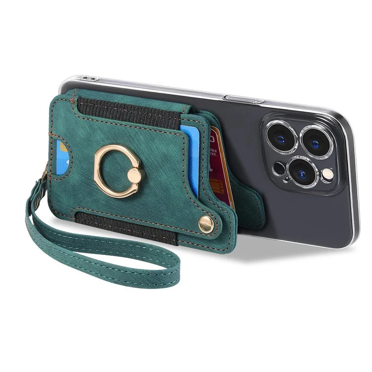 KB-36 Retro Card Holder Adhesive Pouch Kickstand Card Bag with Ring Holder, Strap