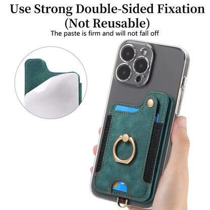 KB-36 Retro Card Holder Adhesive Pouch Kickstand Card Bag with Ring Holder, Strap