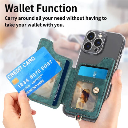 KB-36 Retro Card Holder Adhesive Pouch Kickstand Card Bag with Ring Holder, Strap