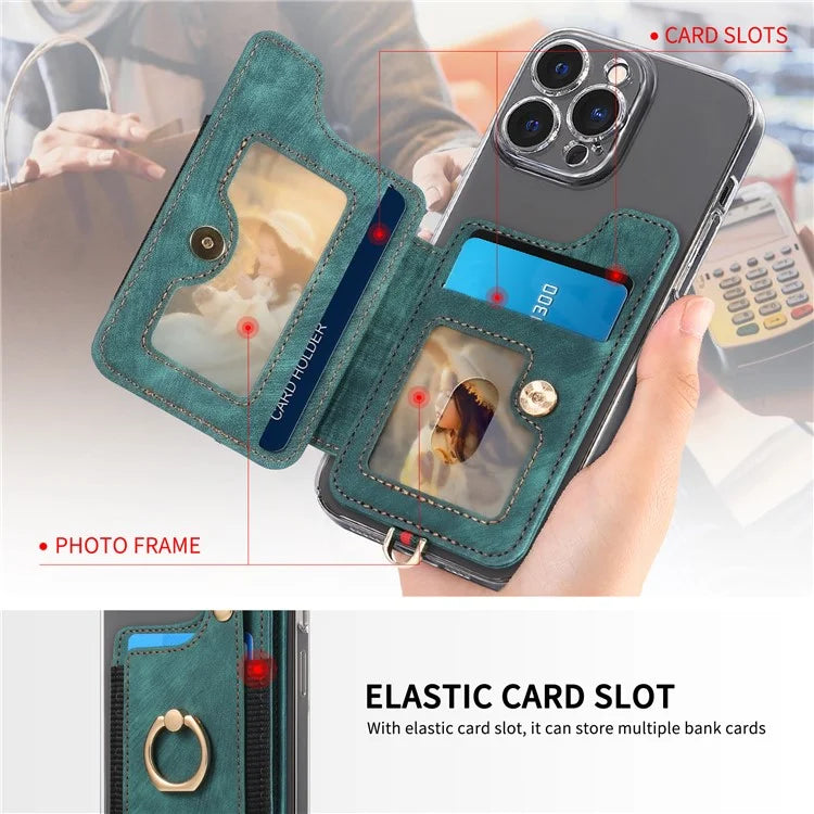 KB-36 Retro Card Holder Adhesive Pouch Kickstand Card Bag with Ring Holder, Strap