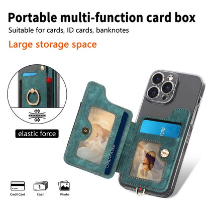 KB-36 Retro Card Holder Adhesive Pouch Kickstand Card Bag with Ring Holder, Strap