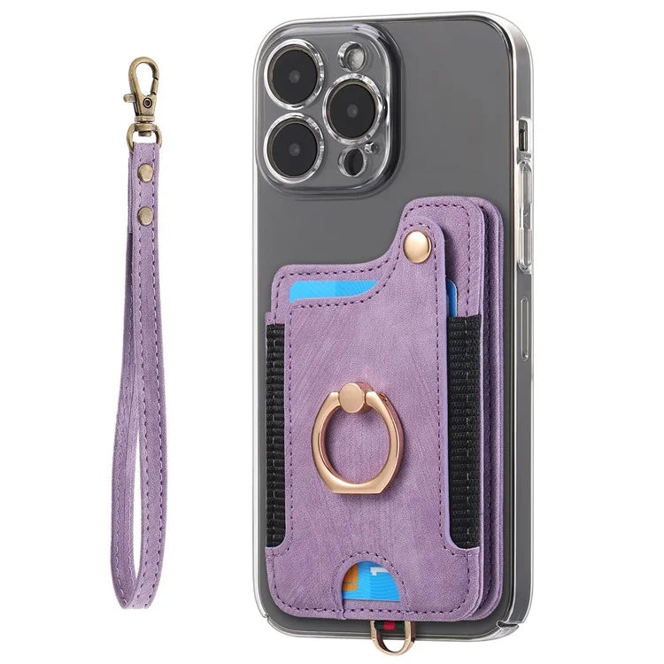 KB-36 Retro Card Holder Adhesive Pouch Kickstand Card Bag with Ring Holder, Strap