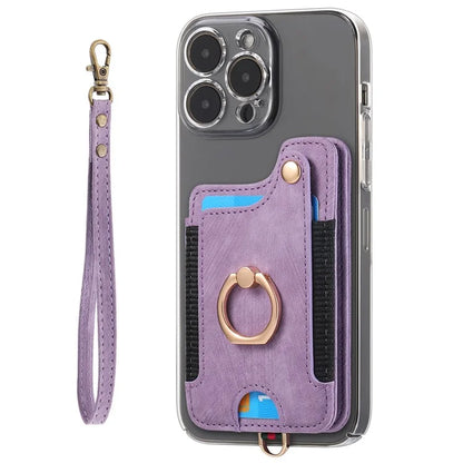 KB-36 Retro Card Holder Adhesive Pouch Kickstand Card Bag with Ring Holder, Strap