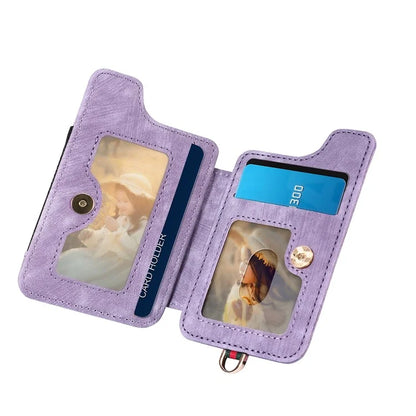 KB-36 Retro Card Holder Adhesive Pouch Kickstand Card Bag with Ring Holder, Strap